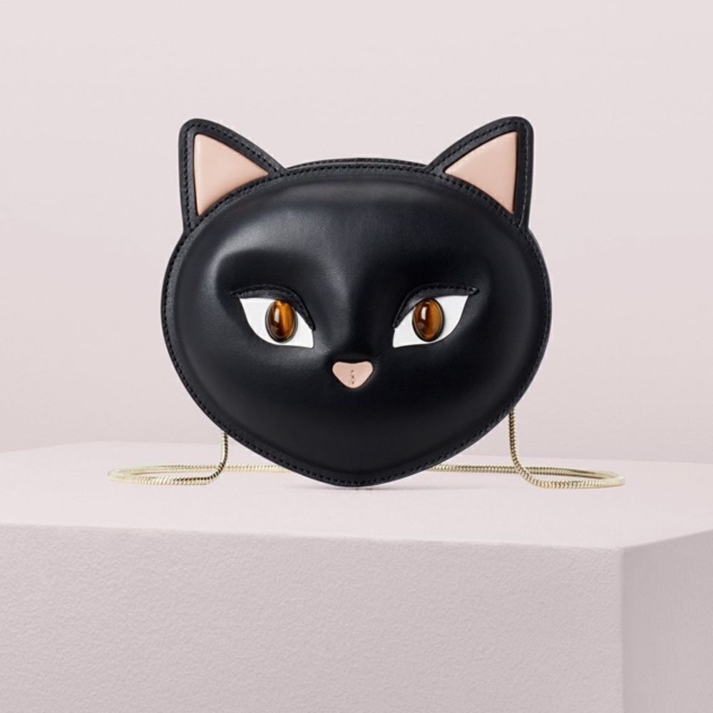 KATE SPADE BLACK CAT CROSSBODY BAG MEOW NOVELTY PURSE LEATHER GOLD CHAIN - Picture 2 of 9